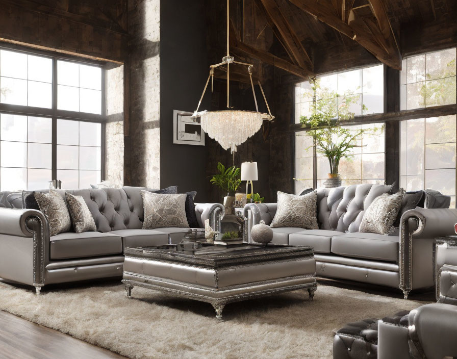 Sophisticated living room with grey tufted sofas, mirrored coffee table, shaggy rug