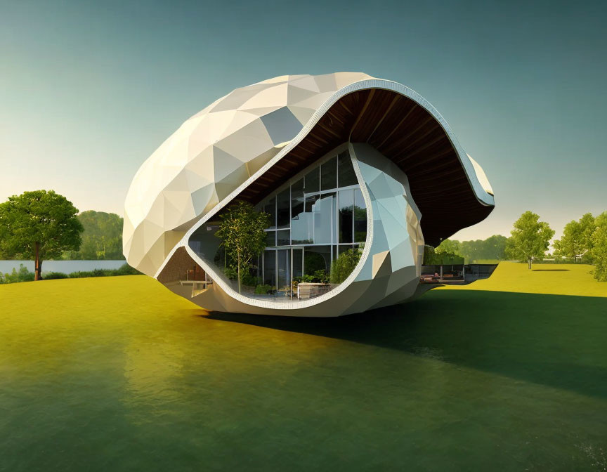 Futuristic shell-shaped building with geometric facade by lake and lush greenery