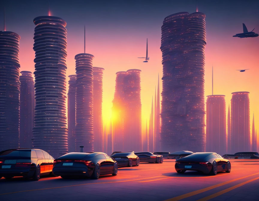 Futuristic cityscape at sunset with skyscrapers and flying vehicles