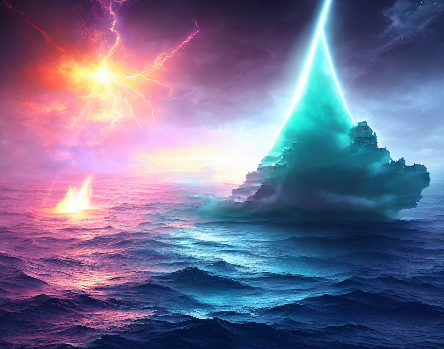 Fantastical ocean scene with floating island and bright beam of light