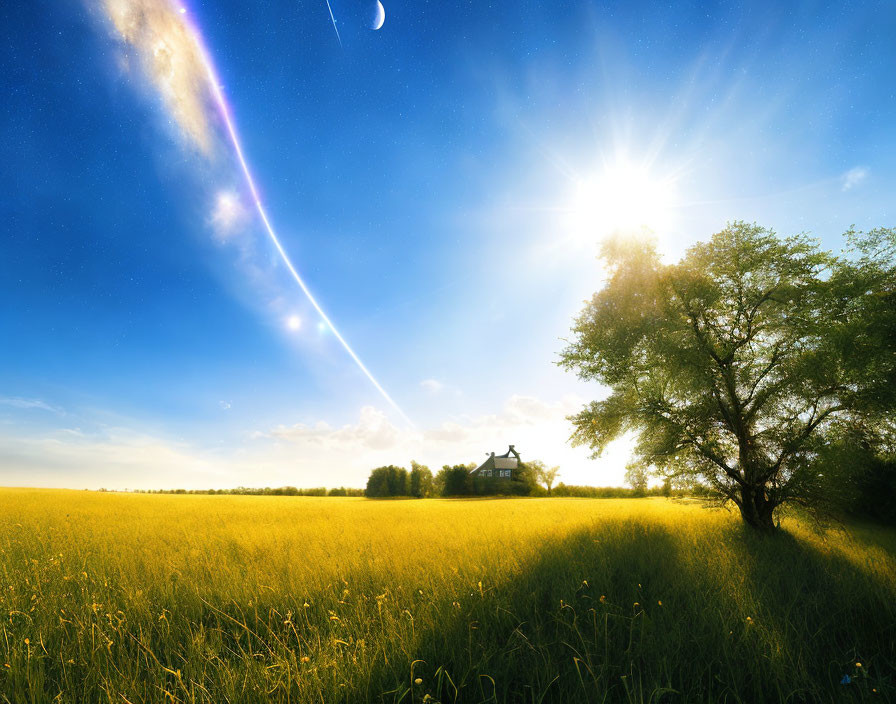 Vibrant yellow flower field under a bright sunny sky with a comet, lone tree, and distant