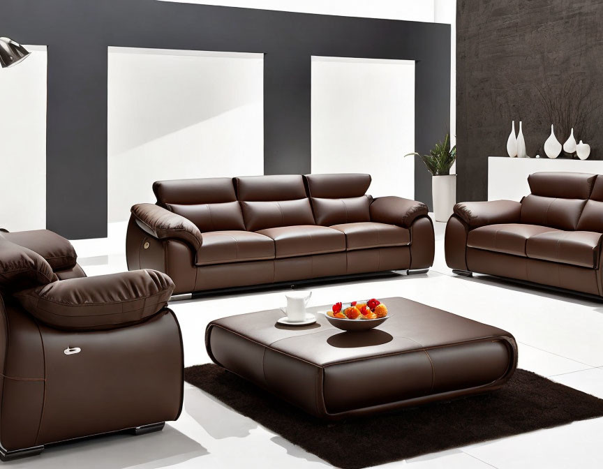 Dark Brown Leather Furniture Set in Modern Living Room