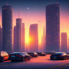 Futuristic cityscape at sunset with skyscrapers and flying vehicles