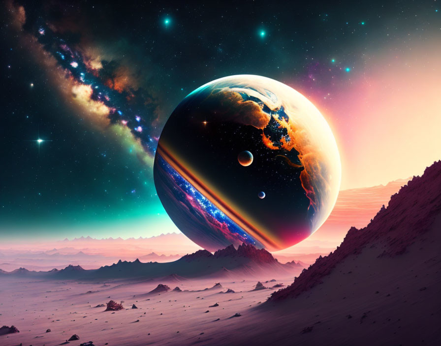 Vibrant cosmic sky with massive planet and moons in surreal landscape