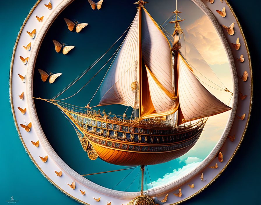 Golden ship sailing in circular frame with butterflies against blue sky