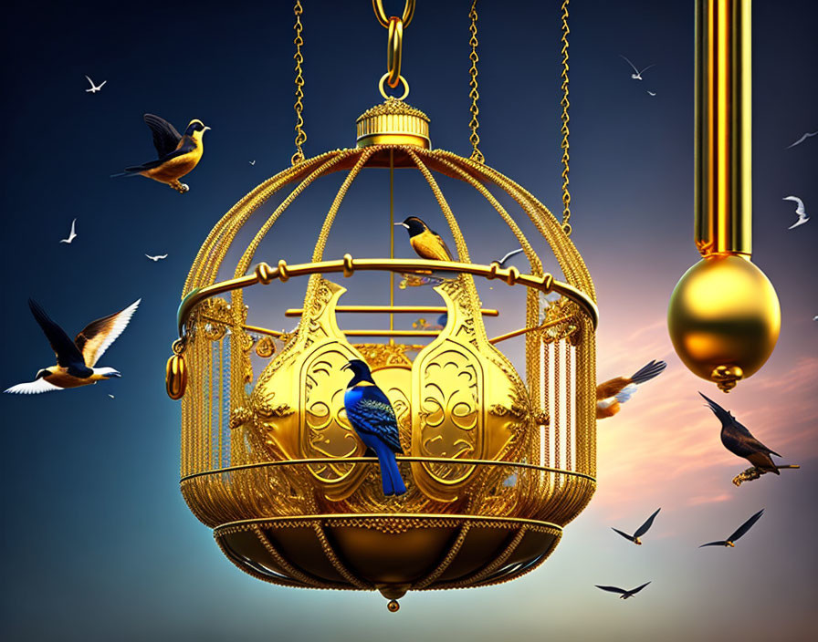 Golden birdcage with open door, blue bird perched inside, others flying freely at twilight.