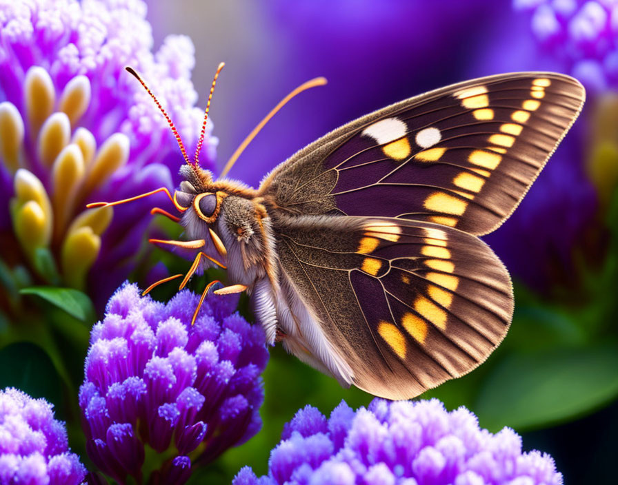 Colorful Butterfly on Purple Flowers with Detailed Body and Antennae