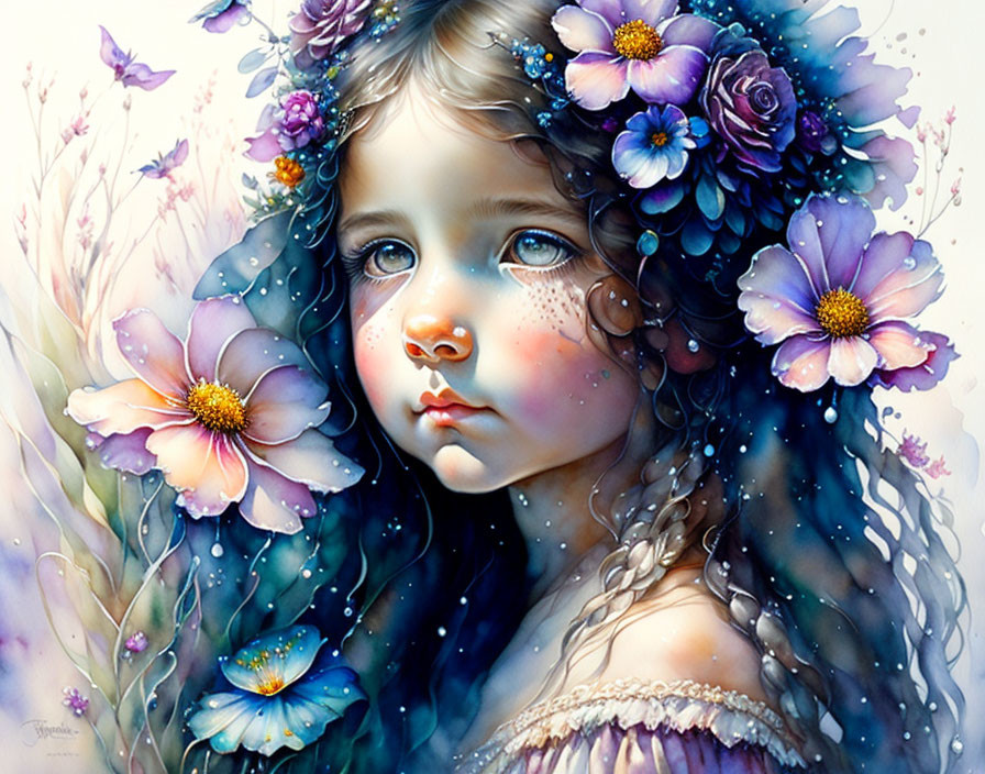 Young girl with expressive eyes, vibrant flowers, and butterflies in dreamy setting