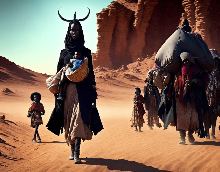 Group in Tribal Attire with Horned Headdresses Crossing Desert Landscape