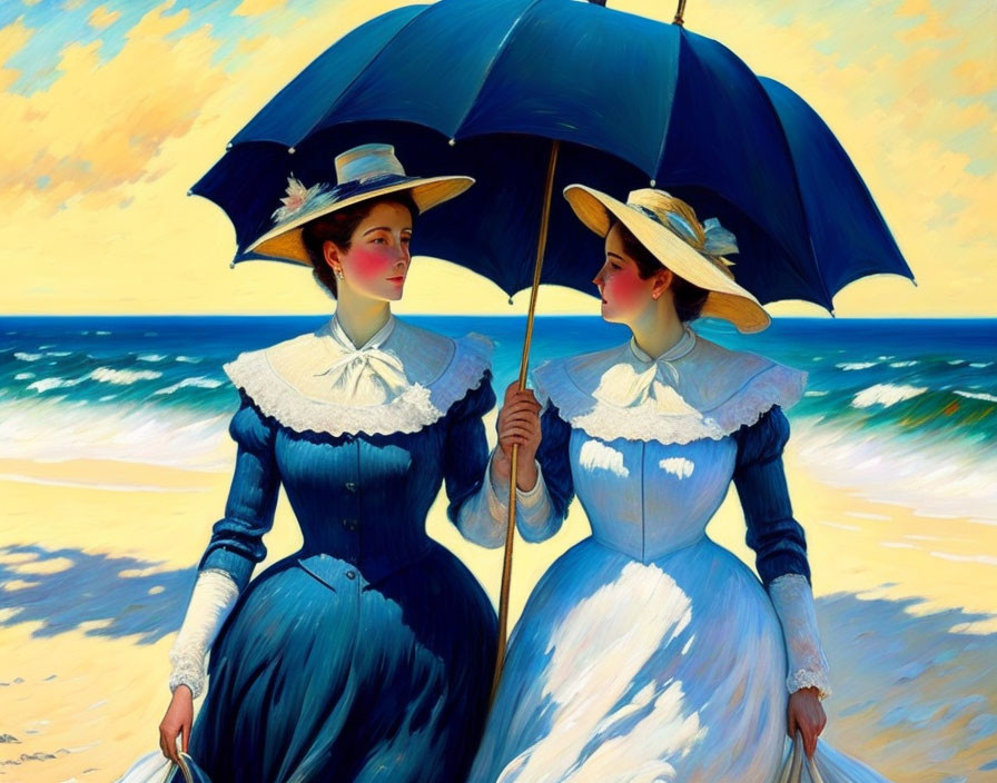 Two women in vintage dresses and hats sharing an umbrella on a sunny beach