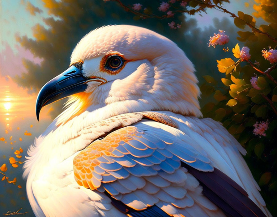 White eagle with golden accents perched in sunny pink blossom setting