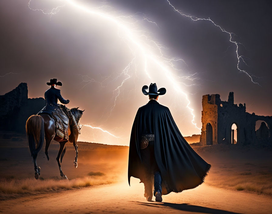 Two cowboys on horseback in desert with dramatic lightning and ruins.