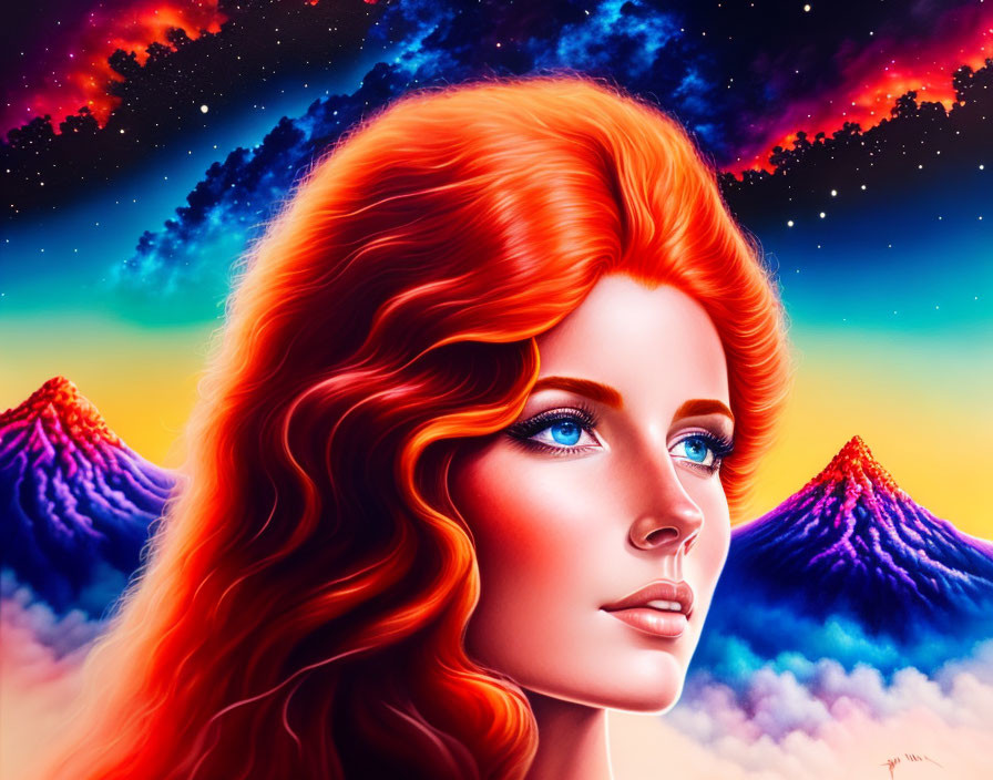 Colorful digital portrait of a woman with red hair and blue eyes in cosmic setting