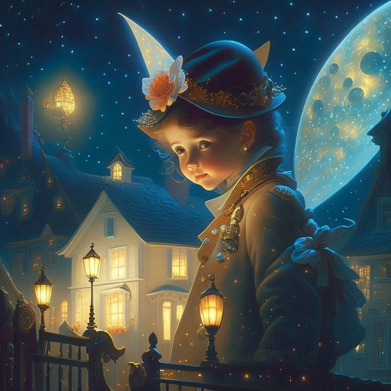 Child in vintage attire gazes at starlit sky with full moon, surrounded by street lamps