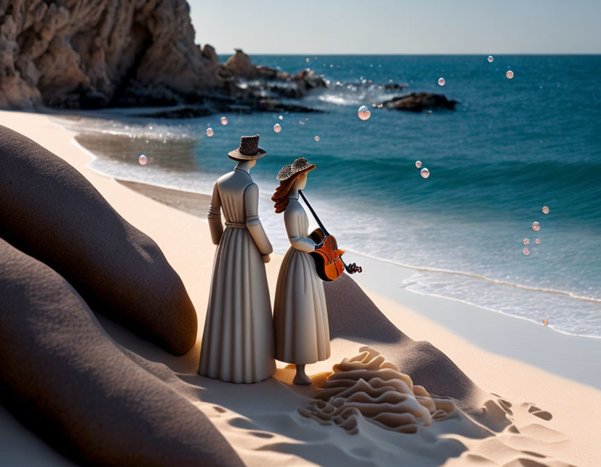 Figurines of woman and musician on beach with bubbles