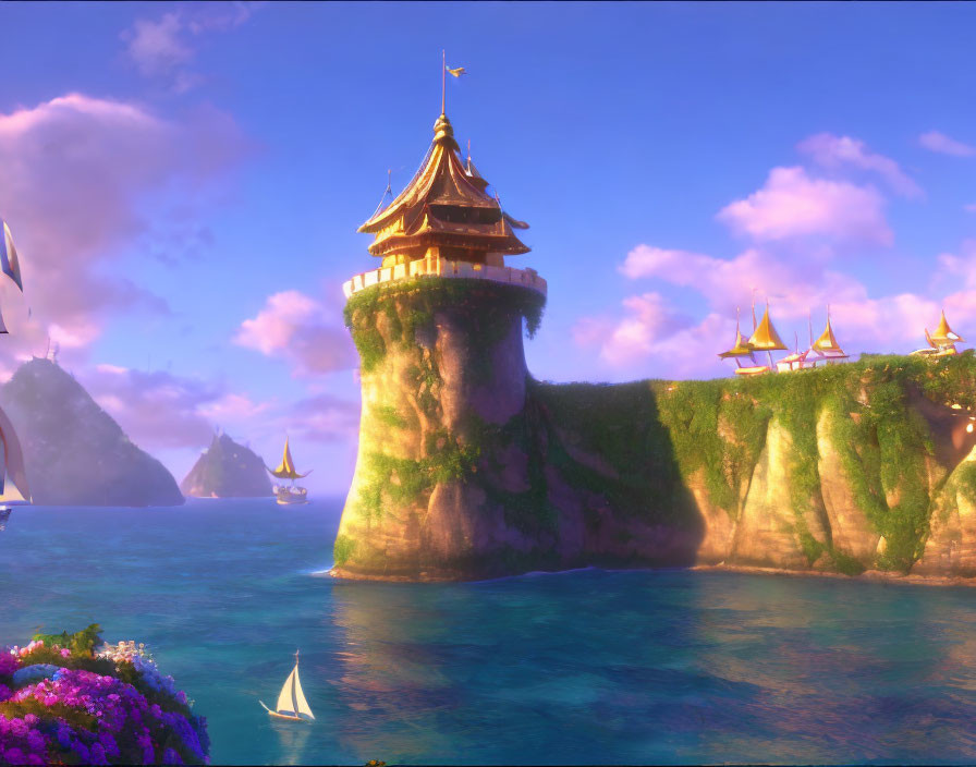 Vibrant animated landscape with cliff, ornate building, ocean, boats, islands, and purple