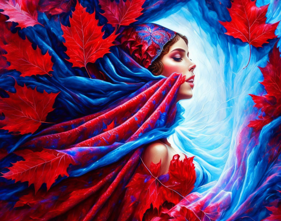 Woman in Blue Scarf Surrounded by Red Maple Leaves on Blue Background