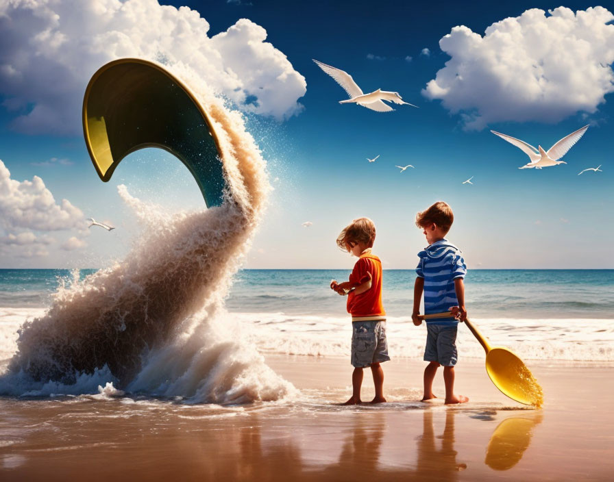 Children playing with giant spoon on beach under cloudy sky with seagulls