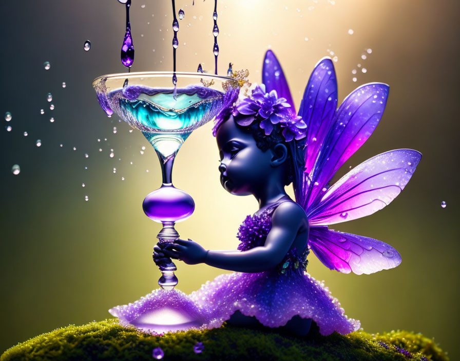 Whimsical digital illustration of a fairy with purple wings and attire holding a magical goblet.