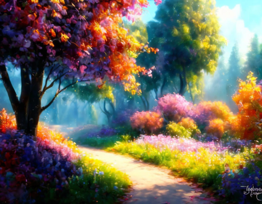 Vibrant path with blossoming trees and shrubs under soft light