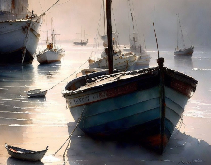 Tranquil painting of boats on calm water at sunrise or sunset