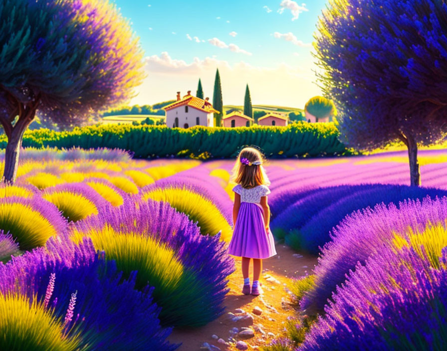 Girl in Purple Skirt Walking in Lavender Field at Sunset