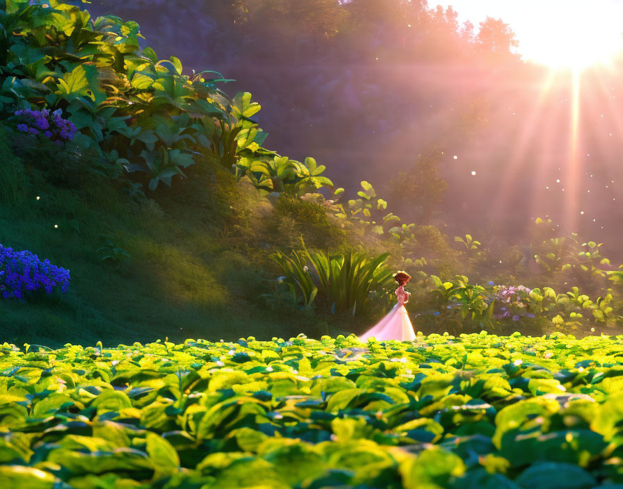 Sunlit field with purple flowers and person in lush environment