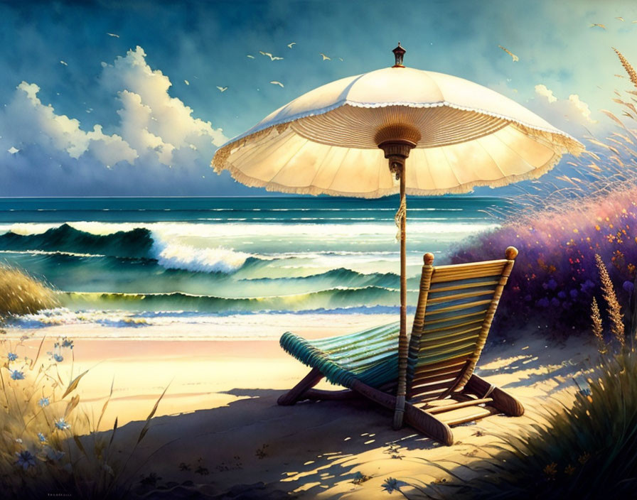 Tranquil Beach Scene with Striped Deck Chair and White Parasol