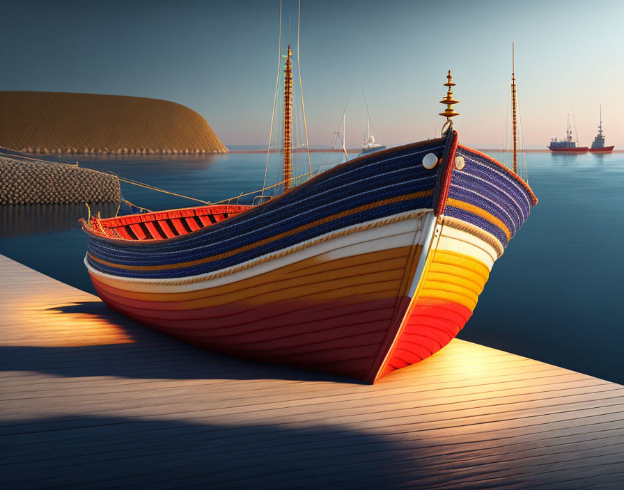 Colorful Striped Wooden Boat Docked at Sunset