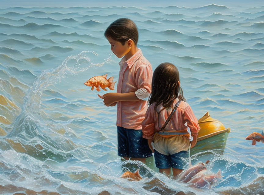 Children by the sea releasing goldfish in surreal scene