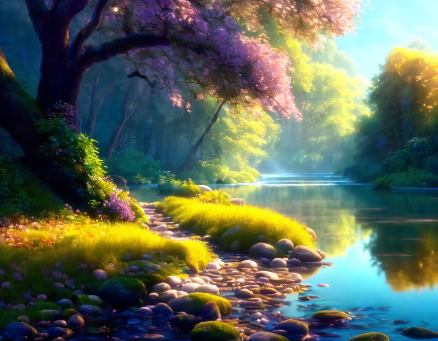 Tranquil river in vibrant forest with pink blossoming trees