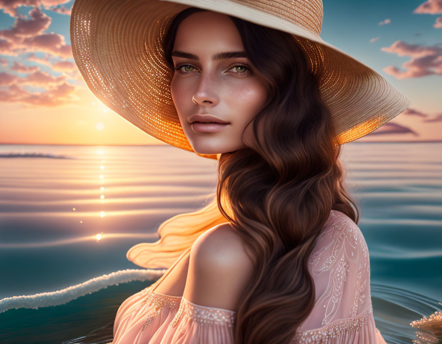 Woman with Wavy Hair in Sunhat Gazing at Sunset Sea