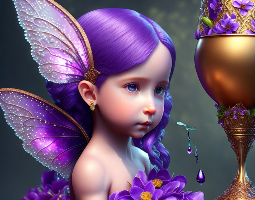 Digital Artwork: Fairy Girl with Purple Hair, Translucent Wings, Flower Adornments, and