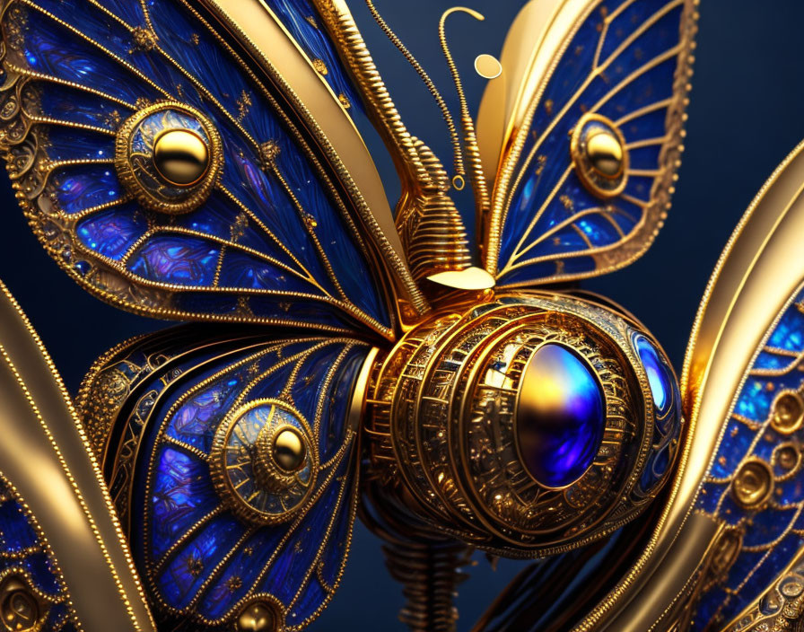 Detailed Mechanical Butterfly with Golden Gears and Blue Accents