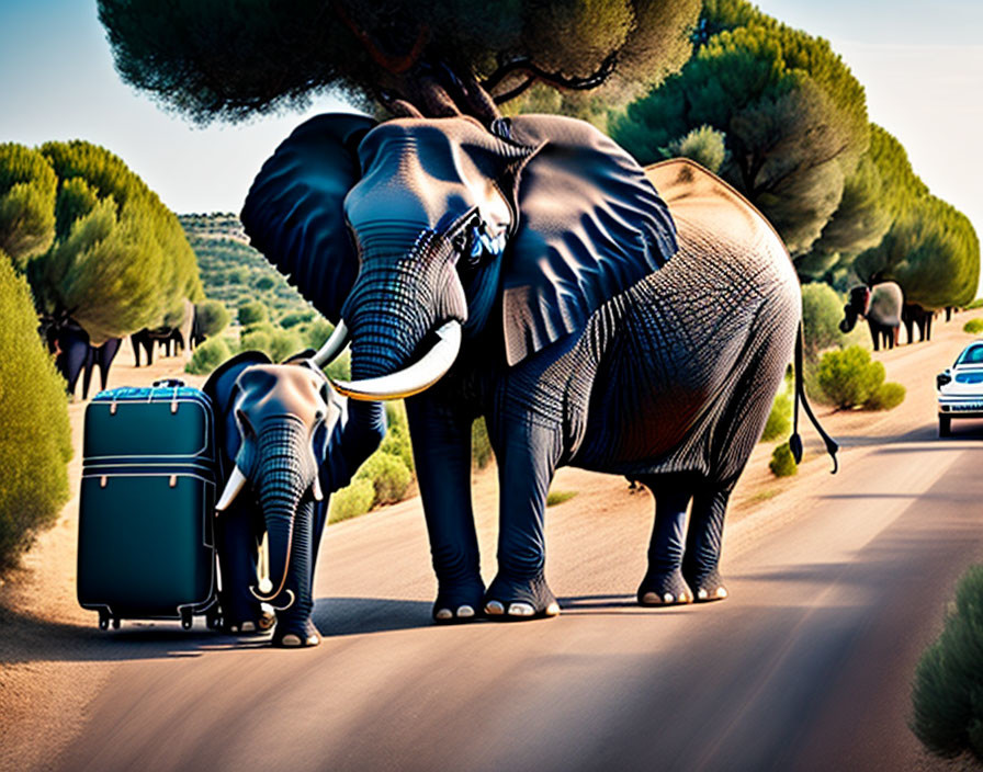 Elephant and calf with suitcase walking down road with trailing cars