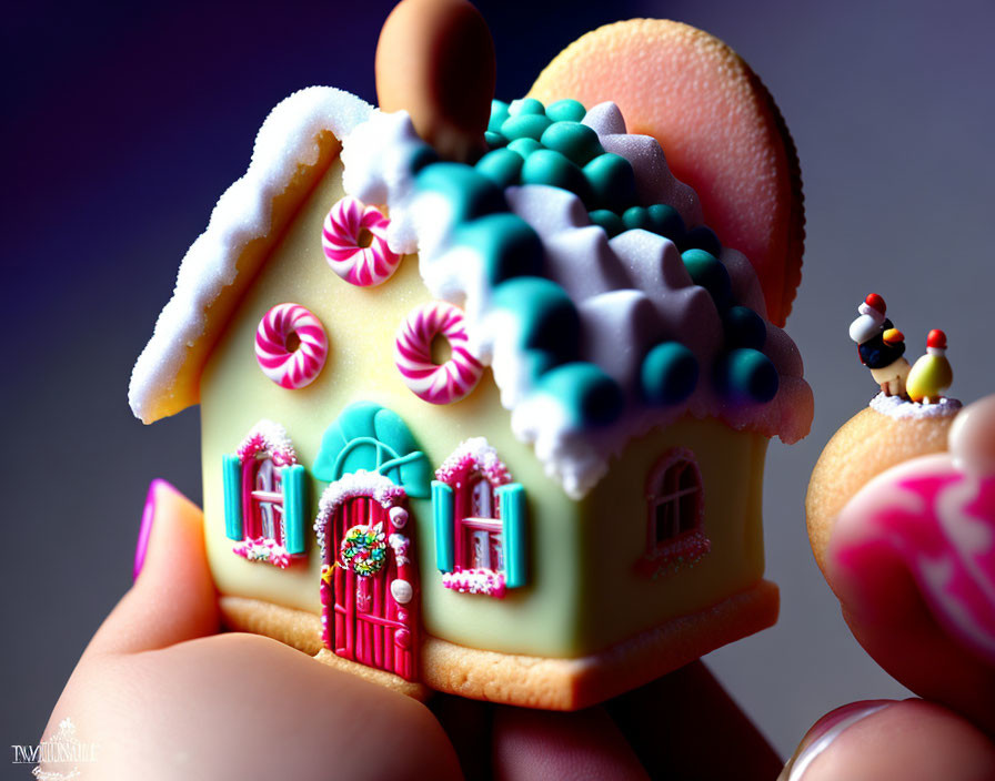 Colorful Miniature Gingerbread House with Intricate Icing and Candy Decorations