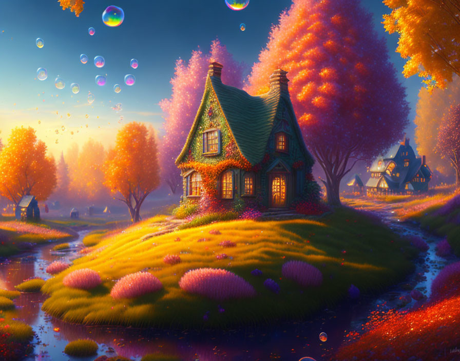 Thatched roof cottage in autumn setting with iridescent bubbles