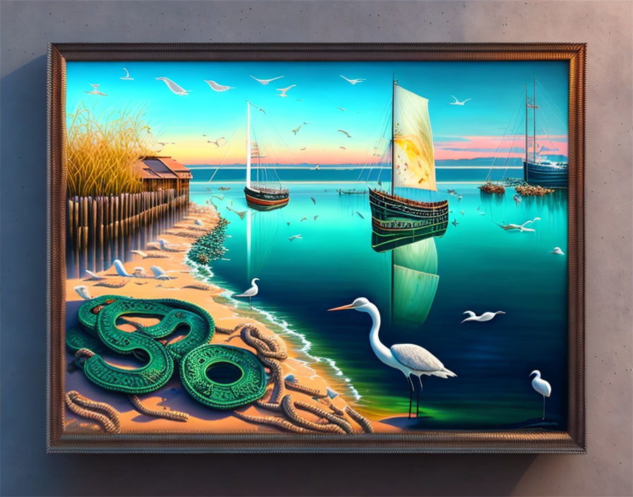 Serene coastal painting with sailboats, birds, dock, and stylized number 50 in orn