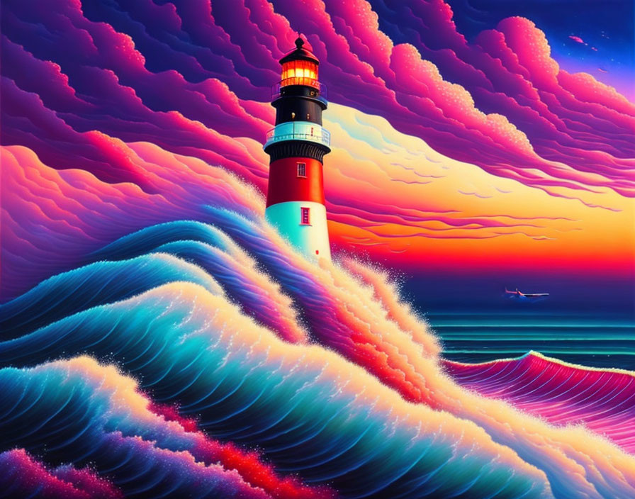 Colorful sunset sky with lighthouse on cliff and stylized waves