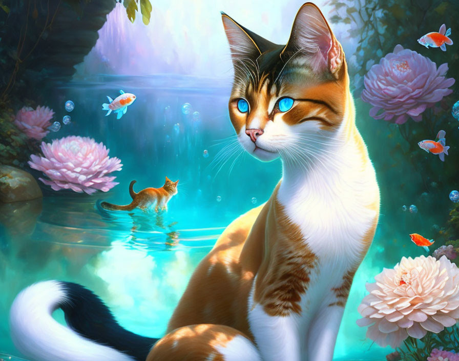 Large cat with blue eyes in enchanted forest with flowers and butterflies