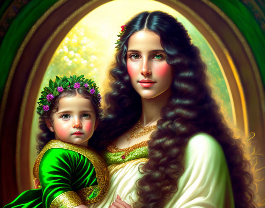 Woman and child with floral crowns in luminous green setting with dark, wavy hair.