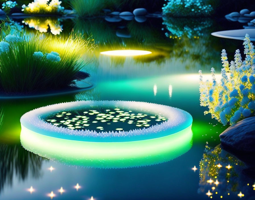 Enchanting glowing garden with luminous plants and floating light rings