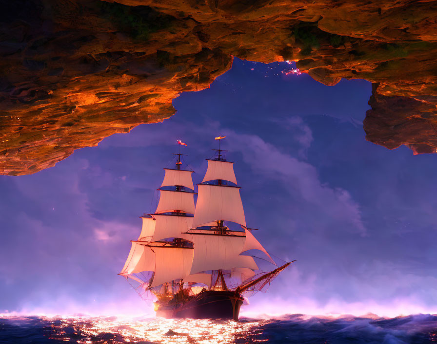 Tall ship sailing on turbulent seas beneath eerie glow