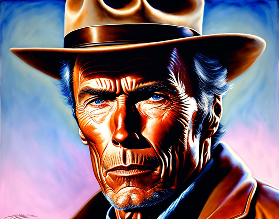 Intense-eyed cowboy in brown hat and duster against blue and red backdrop