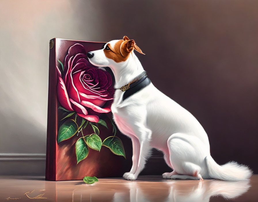 Black-collared dog next to canvas with detailed red rose painting
