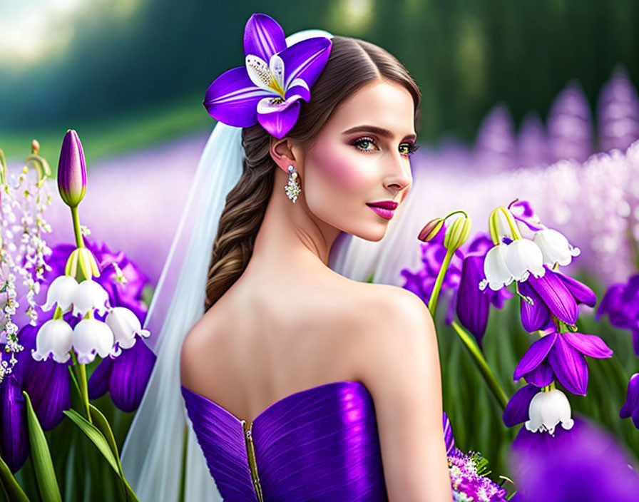 Illustrated bride in purple dress with veil surrounded by lavender and white flowers.