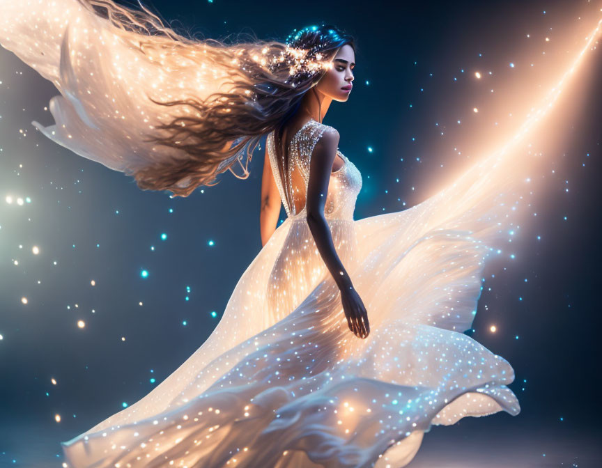 Woman in flowing illuminated dress gazing into light beam among stars