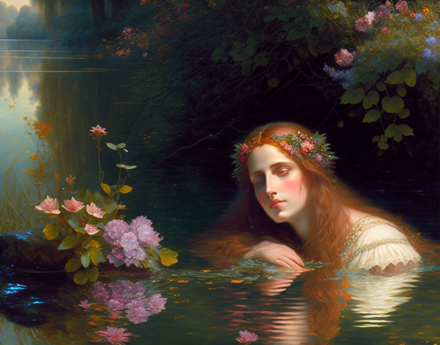 Serene woman with floral wreath in tranquil pond surrounded by lush vegetation