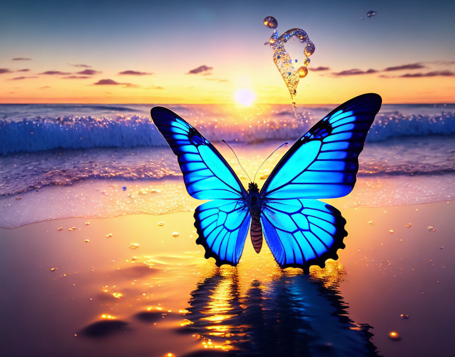 Blue butterfly perched on water with sunset backdrop