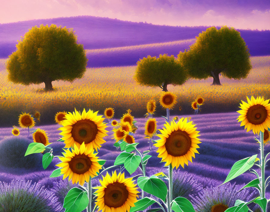 Colorful landscape with sunflowers, lavender field, and trees under hazy sky